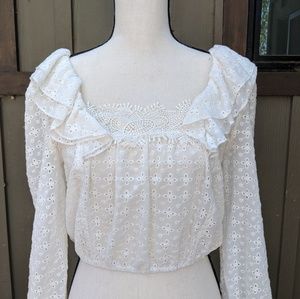 70s boho style eyelet ruffle lace top white SM